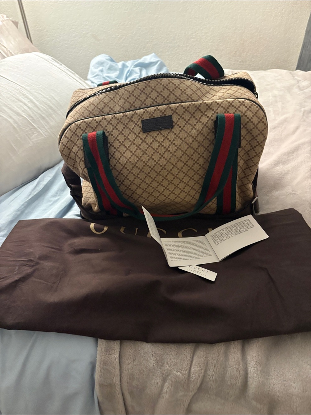 Vintage Gucci Beige Monogram Backpack with Green and Red Stripes